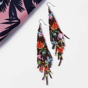 Handmade Beaded Colorful Fringe Earrings in Black Floral